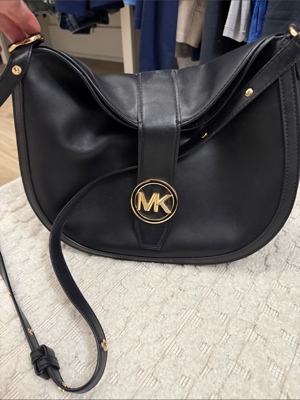 Michael Kors Black Leather Crossbody Saddle Bag with Gold MK Emblem